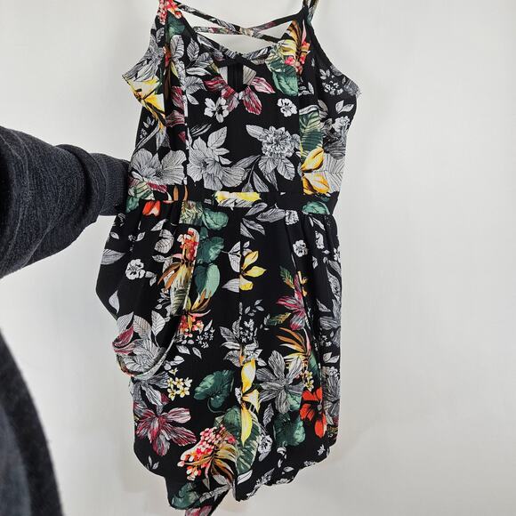 A. Calin Black Floral Stretch Shorts Romper w/ Open Front Maxi Overlay Dress L - Picture 4 of 11
